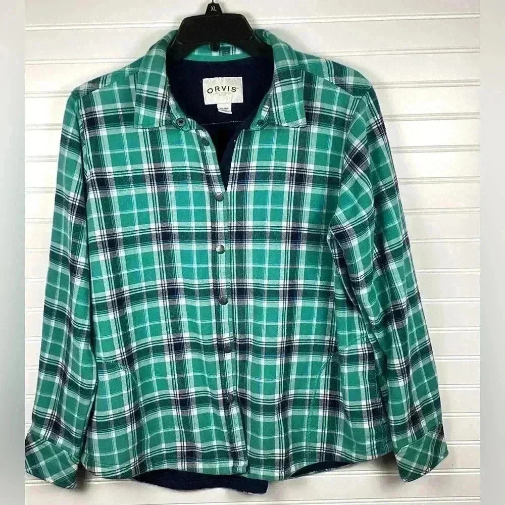 Orvis Button Down Turquoise Blue Plaid Flannel Shacket Jacket, Size XXL Cotton